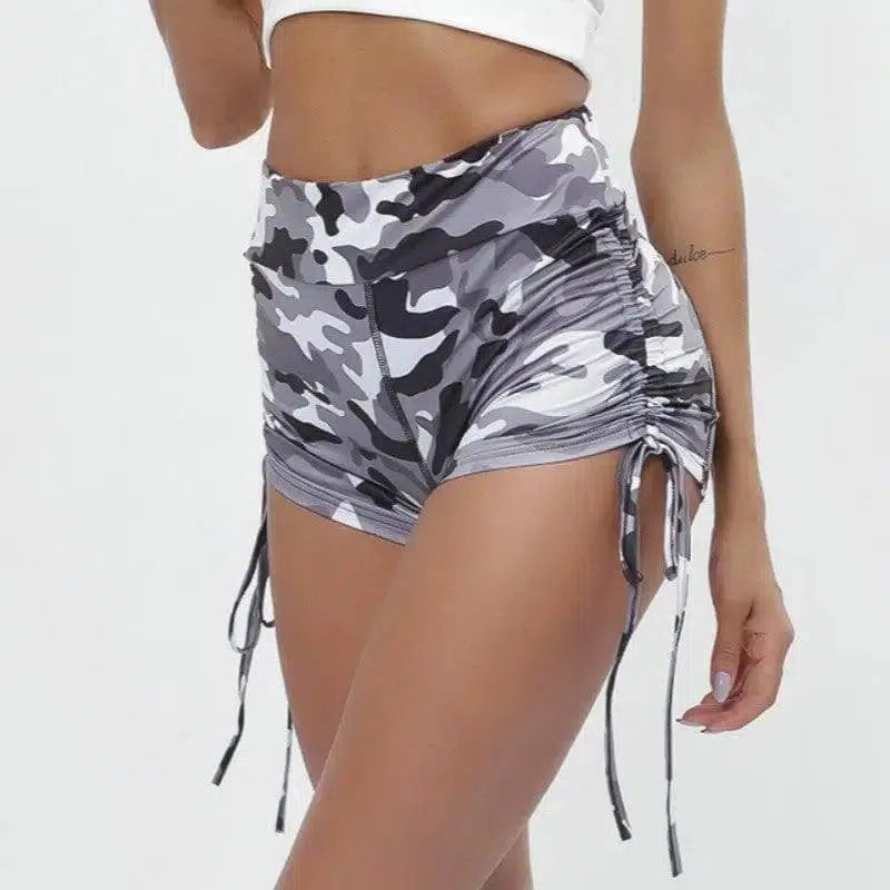 Yoga Shorts Gym Fitness Women High Waist Camouflage Printed-Camouflagegrey-10