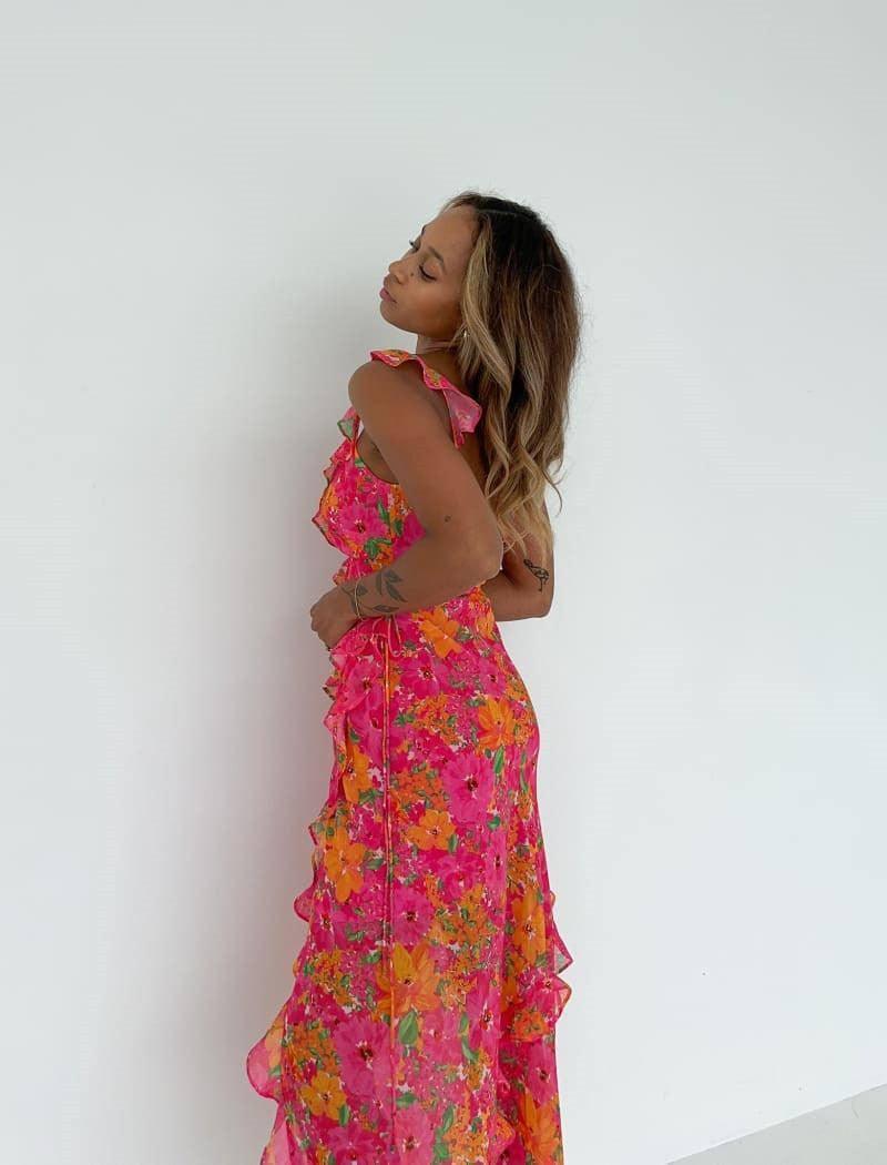 Low-cut Sexy Sling Floral Skirt Split Printing Dress-5