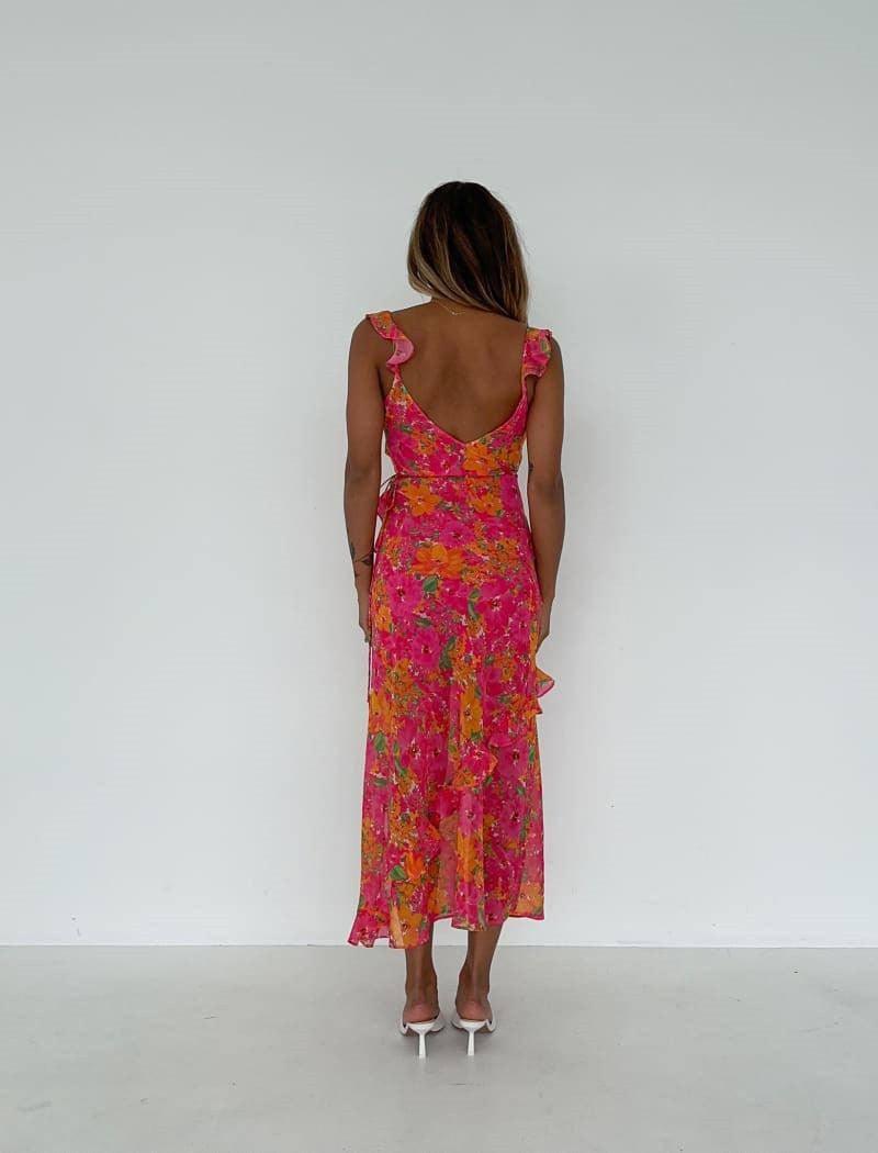 Low-cut Sexy Sling Floral Skirt Split Printing Dress-9