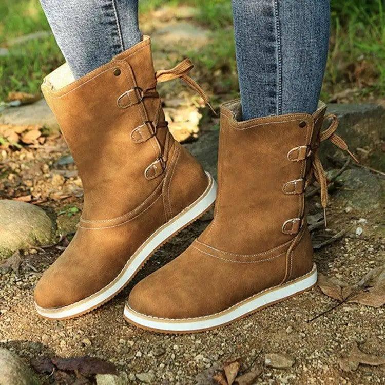 Low Heel Platform Boots Back Lace-up Shoes Women Cowgirl-Brown-1