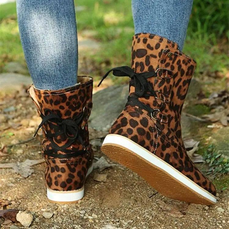 Low Heel Platform Boots Back Lace-up Shoes Women Cowgirl-Leopard-3