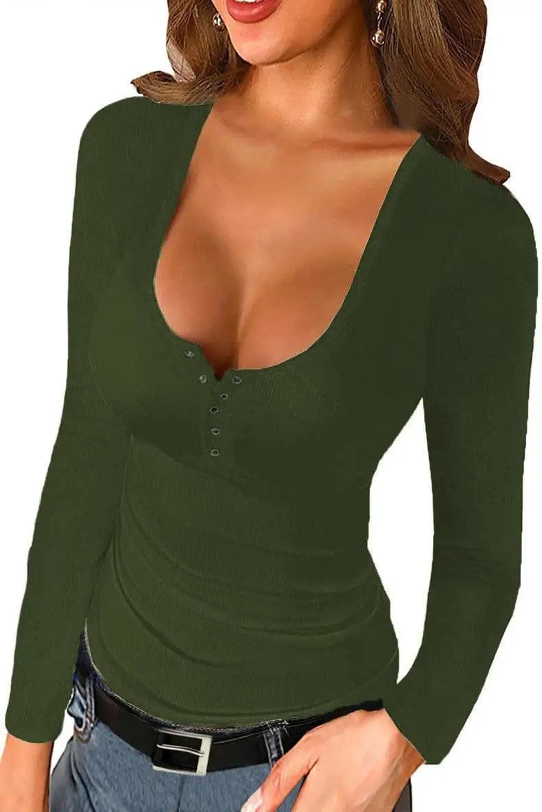 LOVEMI Ltop army green / XL Lovemi -  Solid Color U-Neck Threaded Long-Sleeved Blouse