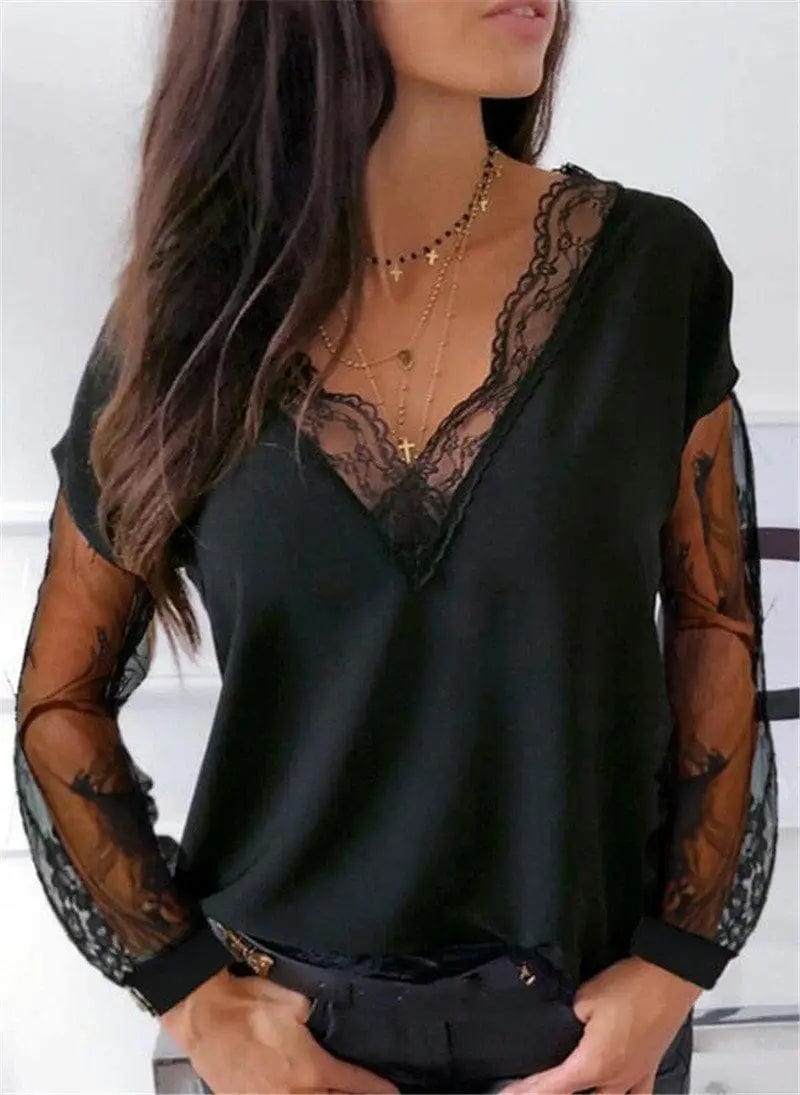 LOVEMI Ltop Black / S Lovemi -  Lace Stitching V-neck Perspective Long-sleeved T-shirt