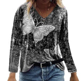LOVEMI Ltop Black / S Lovemi -  New Casual Top V-neck Butterfly Print Loose Long-sleeved