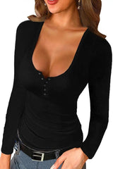 LOVEMI Ltop Black / XL Lovemi -  Solid Color U-Neck Threaded Long-Sleeved Blouse