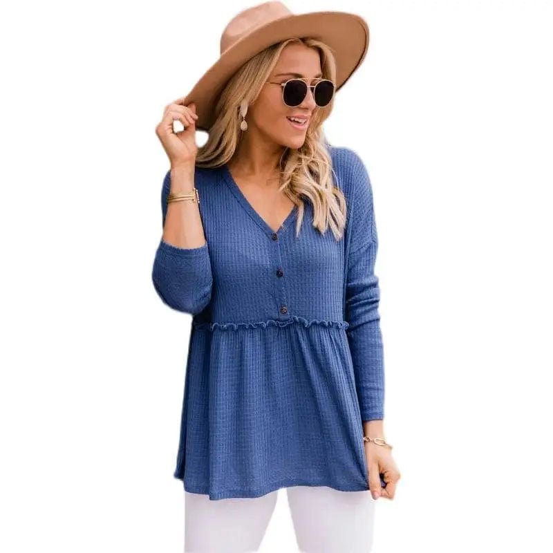 LOVEMI Ltop Blue / S Lovemi -  Independent Station Hot Sale Waffle Stitching Long-sleeved