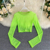 LOVEMI Ltop Green / One size Lovemi -  See-through Mesh Hollow Solid Color Pullover Long Sleeve