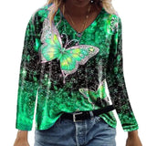 LOVEMI Ltop Green / S Lovemi -  New Casual Top V-neck Butterfly Print Loose Long-sleeved