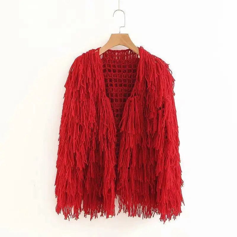 LOVEMI Ltop gules / One size Lovemi -  Solid color loose fringed openwork knit cardigan coat