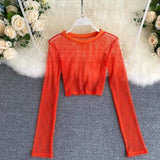 LOVEMI Ltop Orange Red / One size Lovemi -  See-through Mesh Hollow Solid Color Pullover Long Sleeve