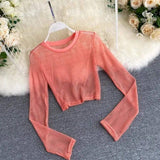 LOVEMI Ltop Pink / One size Lovemi -  See-through Mesh Hollow Solid Color Pullover Long Sleeve