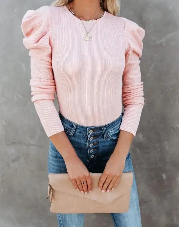 LOVEMI Ltop Pink / S Lovemi -  Four-color Puff Sleeve Long Sleeve Round Neck