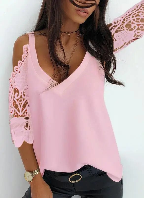 LOVEMI  Ltop Pink / S Lovemi -  Patchwork Lace Ripped Off-Shoulder Chiffon Top