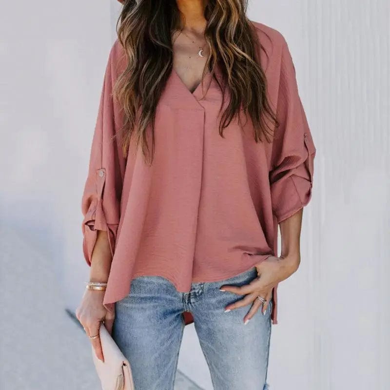 LOVEMI  Ltop Red / 2XL Lovemi -  Fashion Solid Color V-Neck Long-Sleeved Casual Loose Shirt