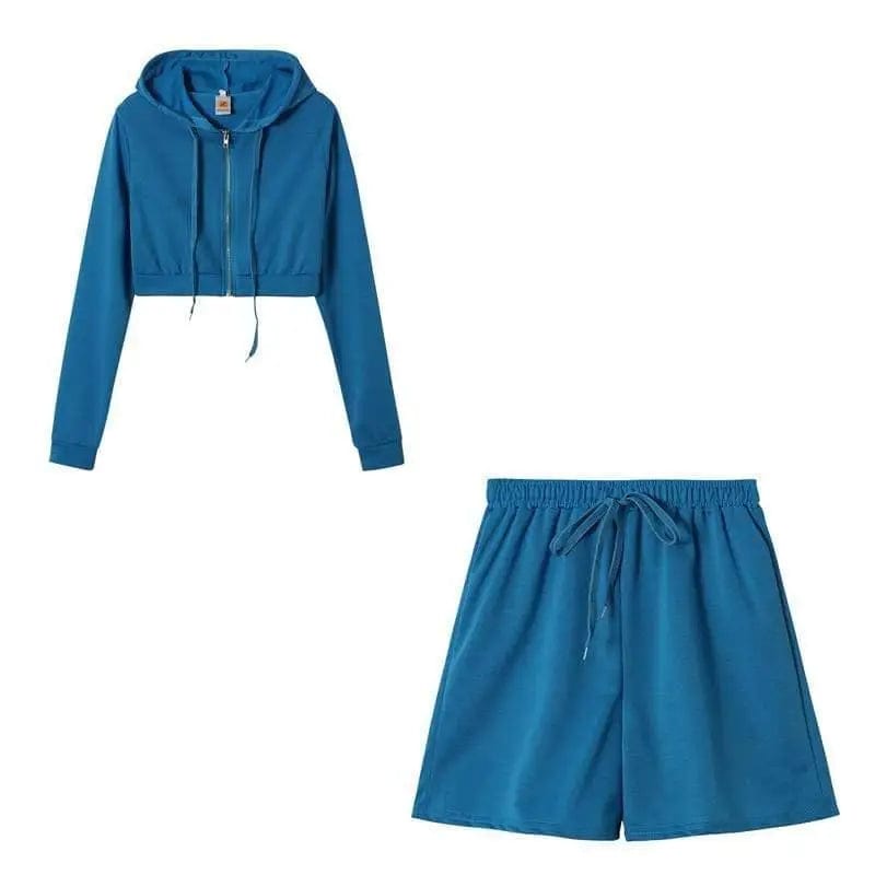 LOVEMI  Ltop sky blue / XL Lovemi -  Knitted Hooded Zipper Sports Shorts Suit