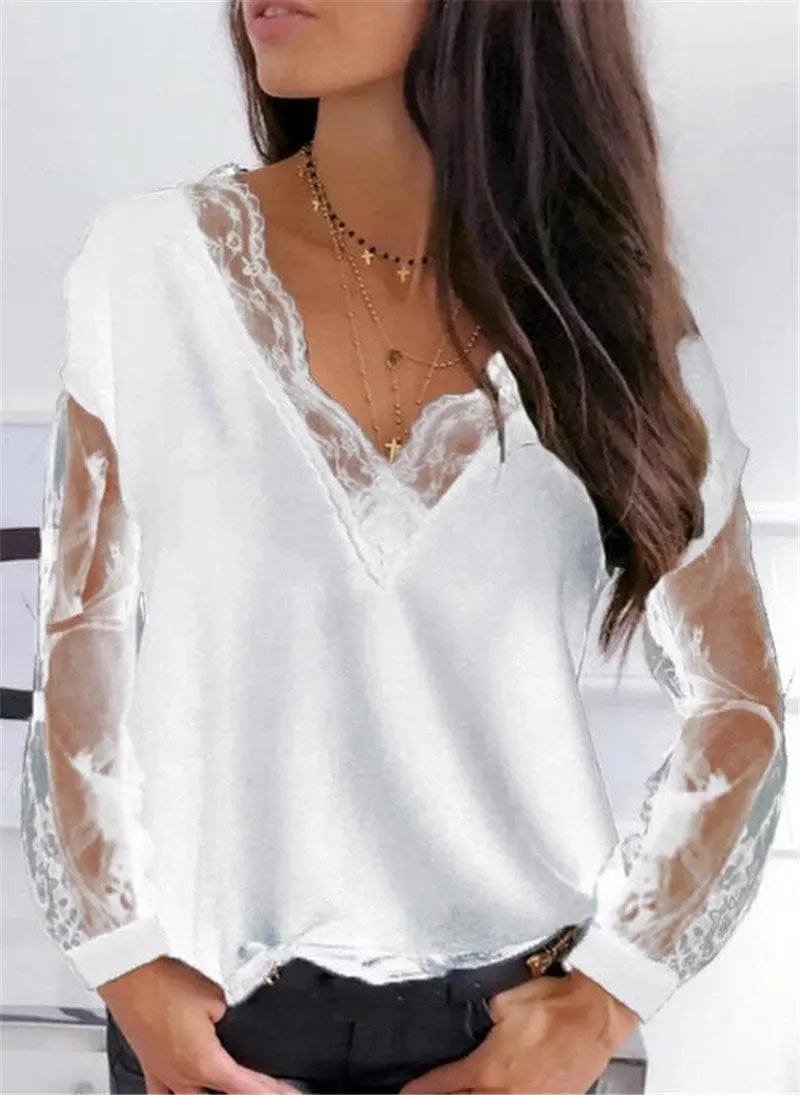 LOVEMI Ltop White / L Lovemi -  Lace Stitching V-neck Perspective Long-sleeved T-shirt