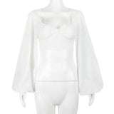 LOVEMI Ltop White / L Lovemi -  Square Neck Lantern Sleeve Stitching T-shirt Halter Strap