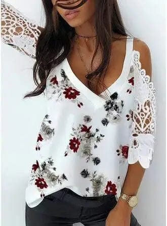 LOVEMI  Ltop White Lily / L Lovemi -  Patchwork Lace Ripped Off-Shoulder Chiffon Top