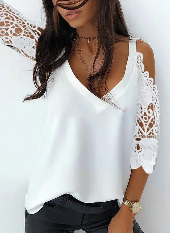 LOVEMI  Ltop White / S Lovemi -  Patchwork Lace Ripped Off-Shoulder Chiffon Top