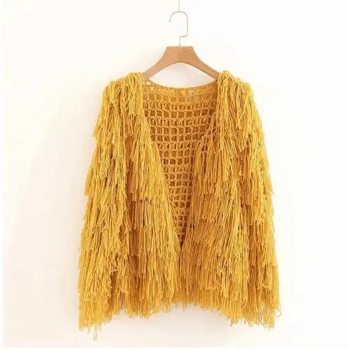 LOVEMI Ltop yellow / One size Lovemi -  Solid color loose fringed openwork knit cardigan coat