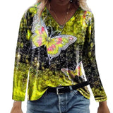 LOVEMI Ltop Yellow / S Lovemi -  New Casual Top V-neck Butterfly Print Loose Long-sleeved