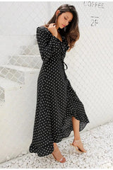 LOVEMI  Maxi Dresses Black / L Lovemi -  Long sleeve polka dot ruffled split dress black dress maxi