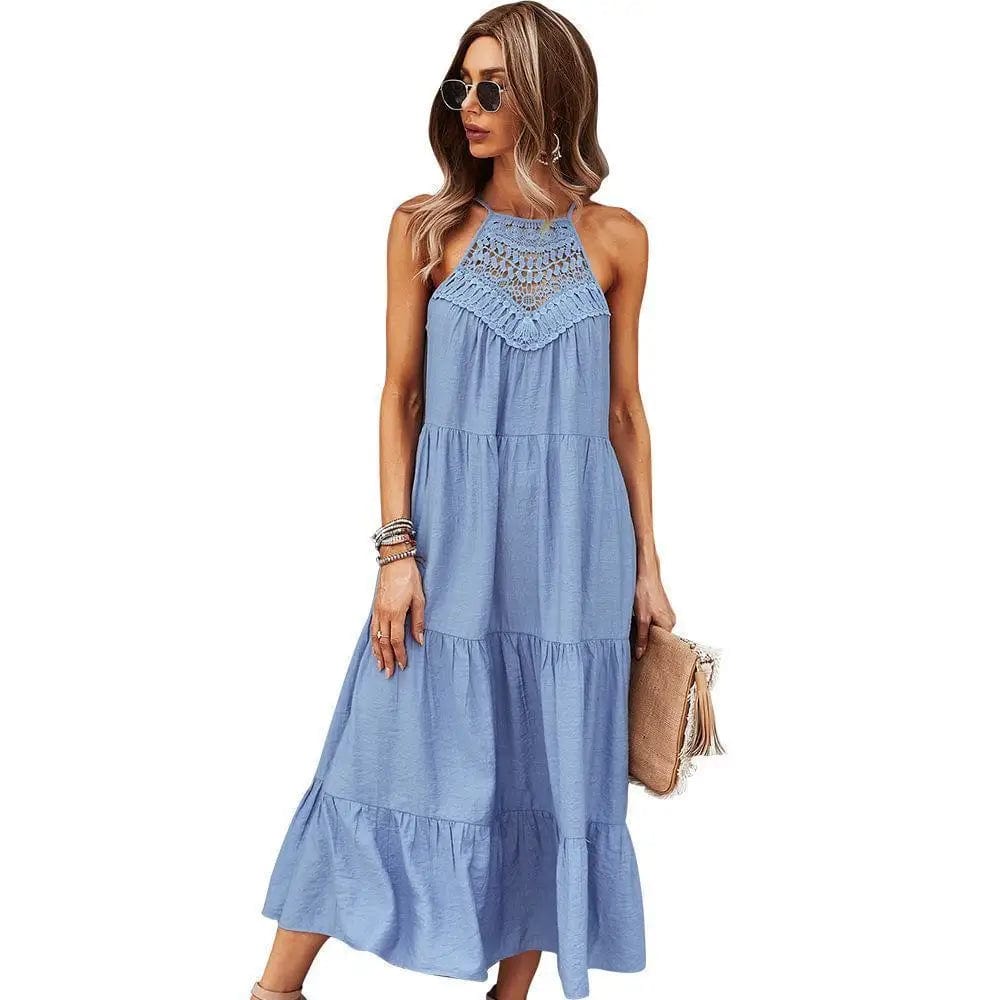 LOVEMI Maxi Dresses Blue / S Lovemi -  Sling Collar Solid Color Stitching Large Hem Midi Skirt