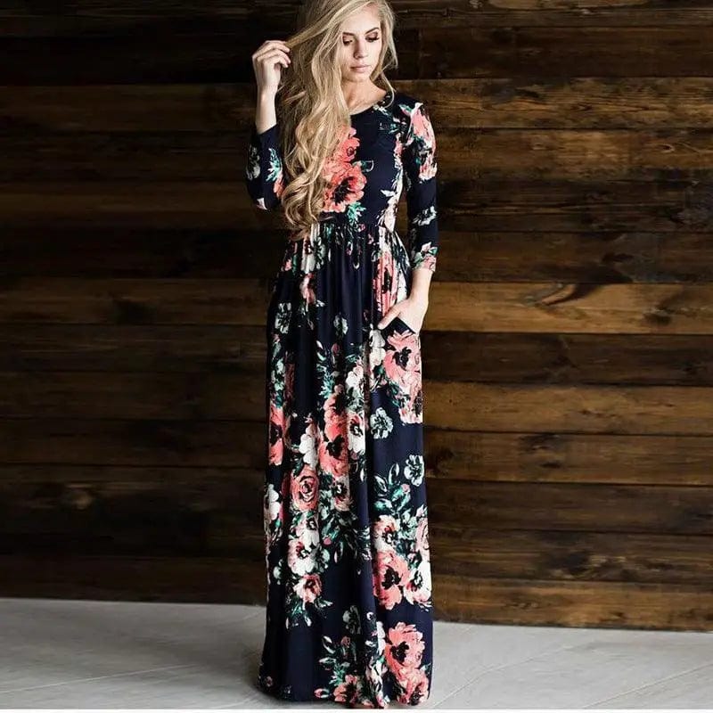 LOVEMI  Maxi Dresses Darkblue / S Lovemi -  Long Sleeve Printed Floral Dress