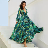 LOVEMI  Maxi Dresses Lovemi -  New Lantern Sleeve V-neck Green Leaf Print Sk