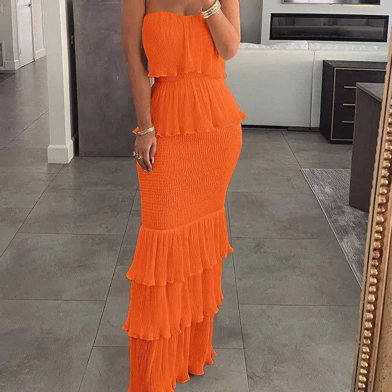 LOVEMI  Maxi Dresses Orange / S Lovemi -  Women's Fashion Temperament Smocked To Play Pleated Ruffle Long Skirt