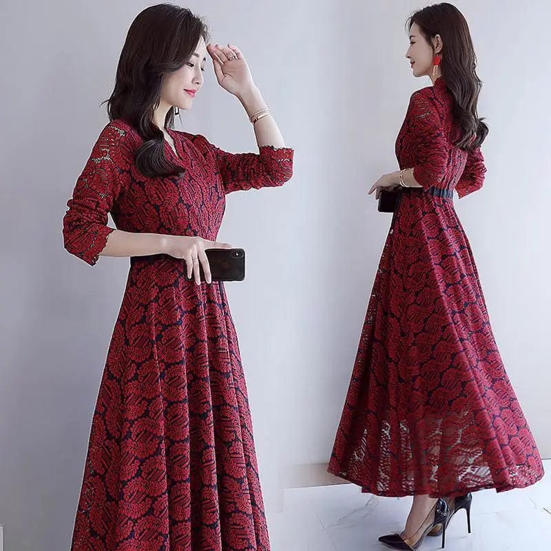 LOVEMI Maxi Dresses Red wine / M Lovemi -  Long-sleeved slim-figure printing personality waist-closing