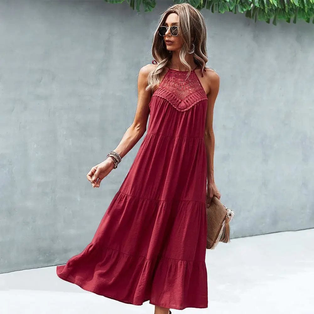 LOVEMI Maxi Dresses Wine Red / S Lovemi -  Sling Collar Solid Color Stitching Large Hem Midi Skirt