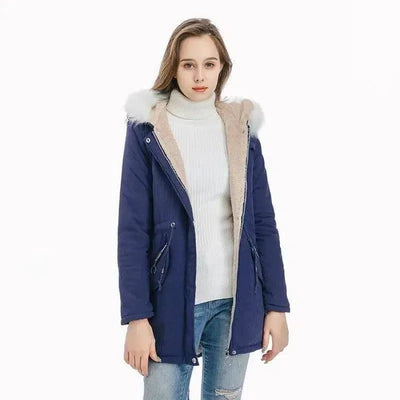 Medium length coat with large fur collar-Navy-3