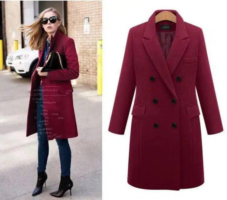 Medium length large woolen overcoat for women-WineRed-1