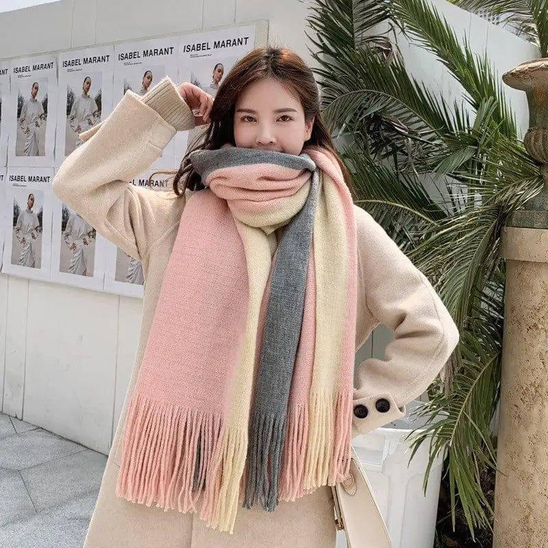 Men's And Women's Fashion Two-color Patchwork Tassel Warm-Pink Beige Grey-2