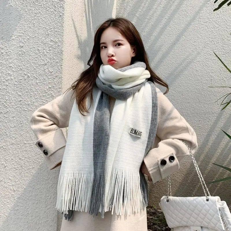 Men's And Women's Fashion Two-color Patchwork Tassel Warm-White grey-6