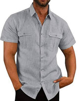 Men's Button Short Sleeve Shirt Summer Casual Double Pocket-Gray-8