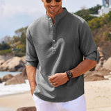 Men's Casual Shirt Long Sleeve Stand Collar Solid Color-1