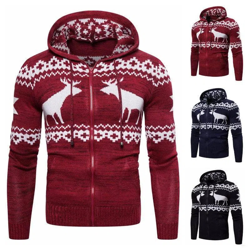 Men's Zipper Hooded Fawn Christmas Sweater-1