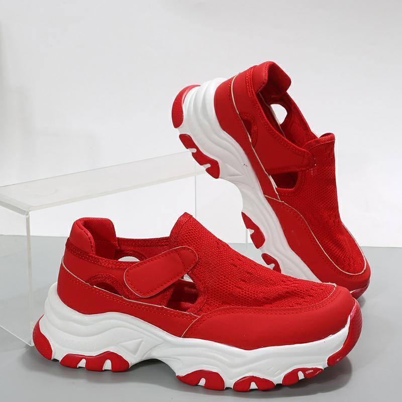 Mesh Sport Shoes Women Fashion Outdoor Flat Heel Round Toe-Red-11