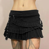 Metal Buckle Irregular Pleated Denim Skirt-5