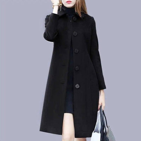 Mid-length Hepburn Style Slim Slim Woolen Coat-Black-2