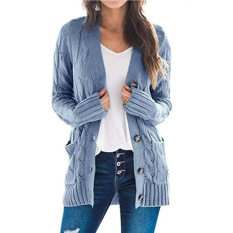 Mid-length Sweater Cardigan-Light Blue-1