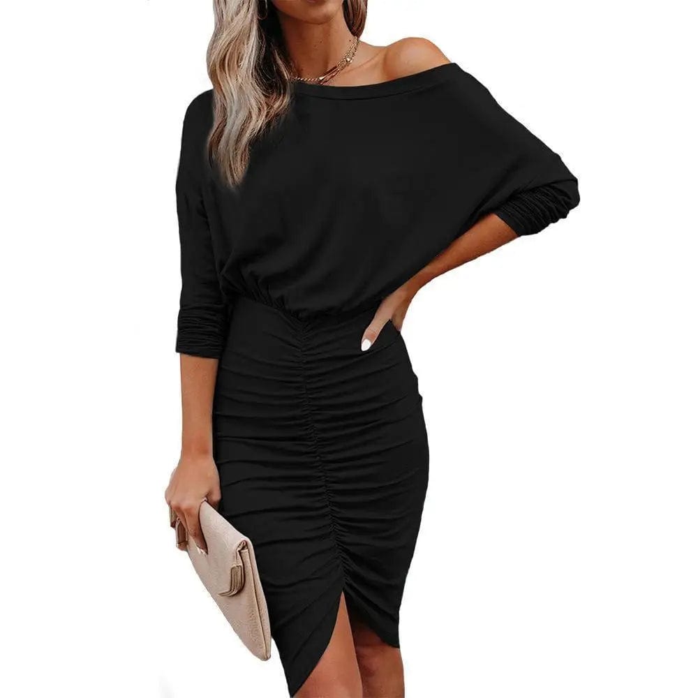 LOVEMI Midi Dresses Black / S Lovemi -  Solid Color Sexy Slanted Shoulder Slim-fit Pleated Hip Dress