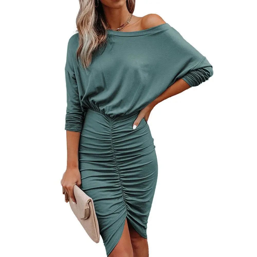 LOVEMI Midi Dresses Green / S Lovemi -  Solid Color Sexy Slanted Shoulder Slim-fit Pleated Hip Dress