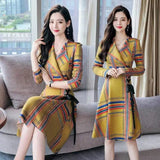 LOVEMI Midi Dresses Huang Ge / L Lovemi -  Fashion trend stitching temperament Plaid cardigan mid-long