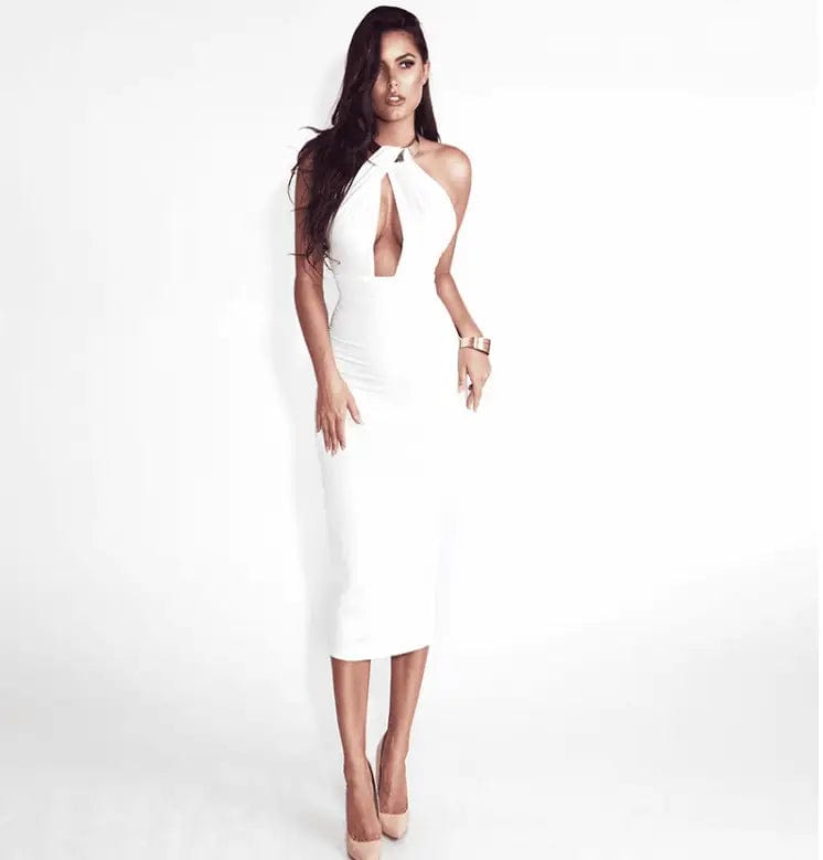 LOVEMI  Midi Dresses White / L Lovemi -  Sexy dress hanging neck nightclub bag hip skirt midi dress