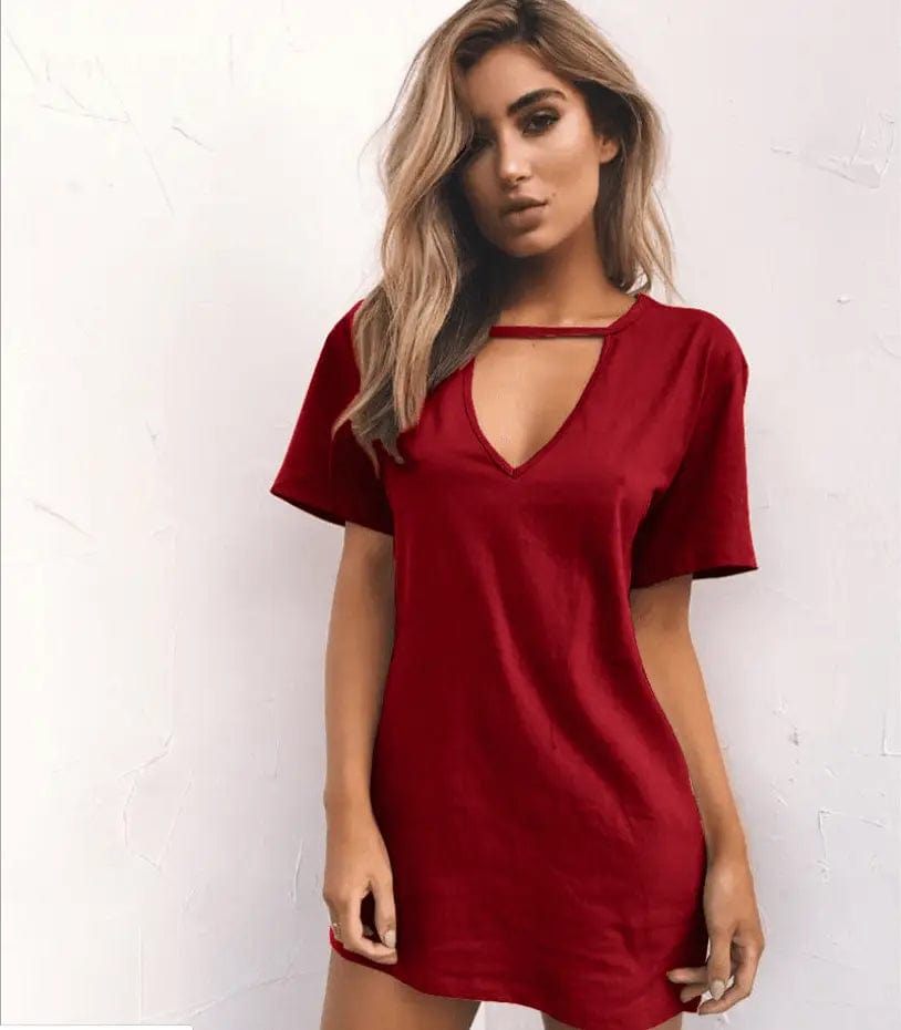 LOVEMI  Mini Dresses Claret / XL Lovemi -  sexy deep V short-sleeved T-shirt loose casual dress