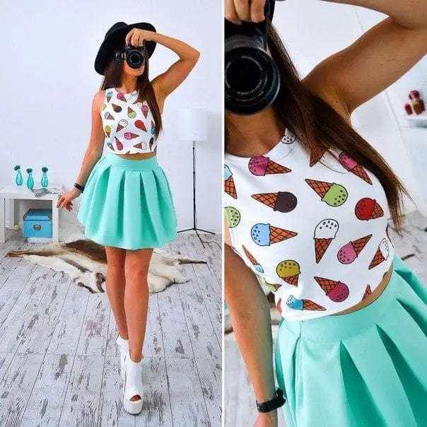 LOVEMI  Mini Dresses Lightgreen / L Lovemi -  Sleeveless Turtleneck TopFluffy Skirt