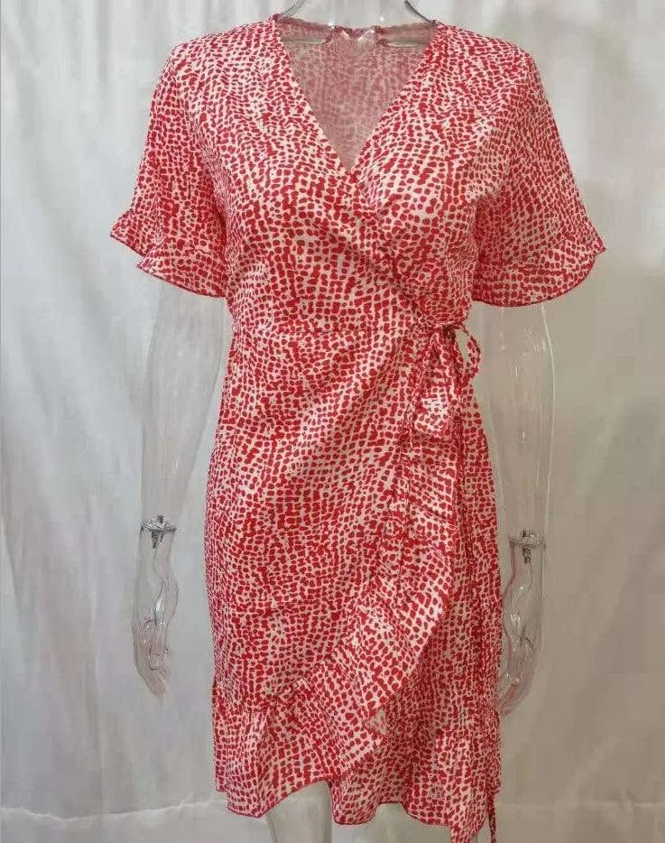 LOVEMI  Mini Dresses SpotRed / S Lovemi -  Printed V-Neck Tie High Waist Chiffon Floral Dress